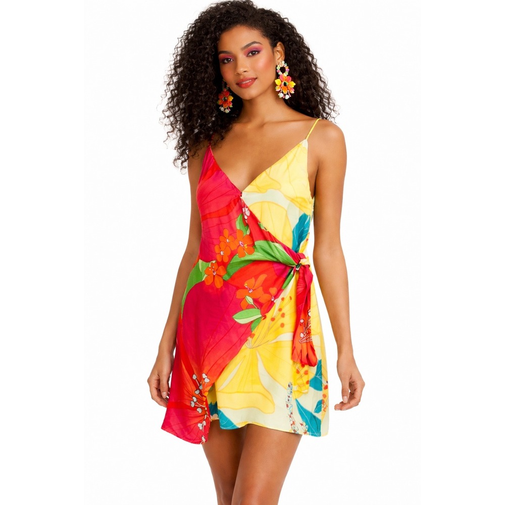 Farm Rio Mixed Tropical Floral Mini Wrap Dress Red Yellow Size S